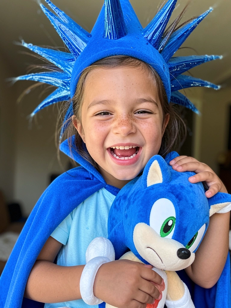 Cabelo estilizado com gel e spray azul, formando pontas inspiradas no Sonic.