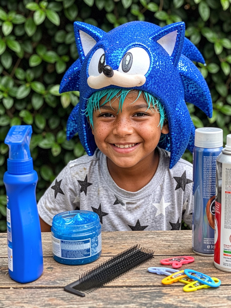 Mesa com gel fixador, spray azul, pente fino, laca e acessórios para cabelo.
