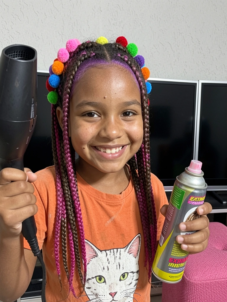 Secador de cabelo direcionado para cima enquanto laca extraforte é aplicada nos fios.
