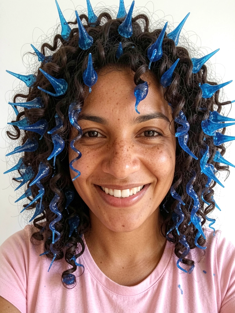 Cabelo cacheado modelado em pontas espetadas com gel azul.