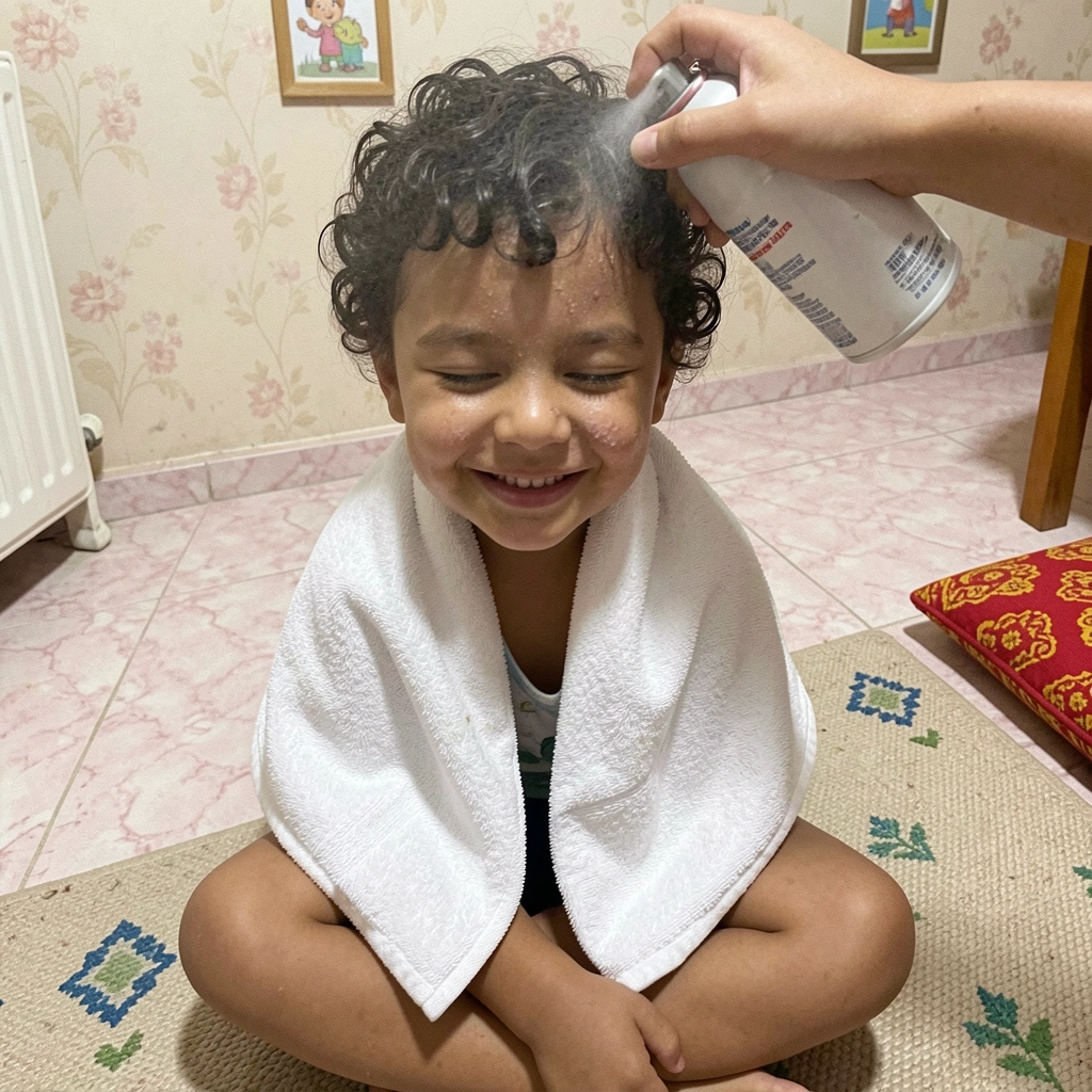 Spray colorido sendo aplicado em cabelo protegido por toalha.