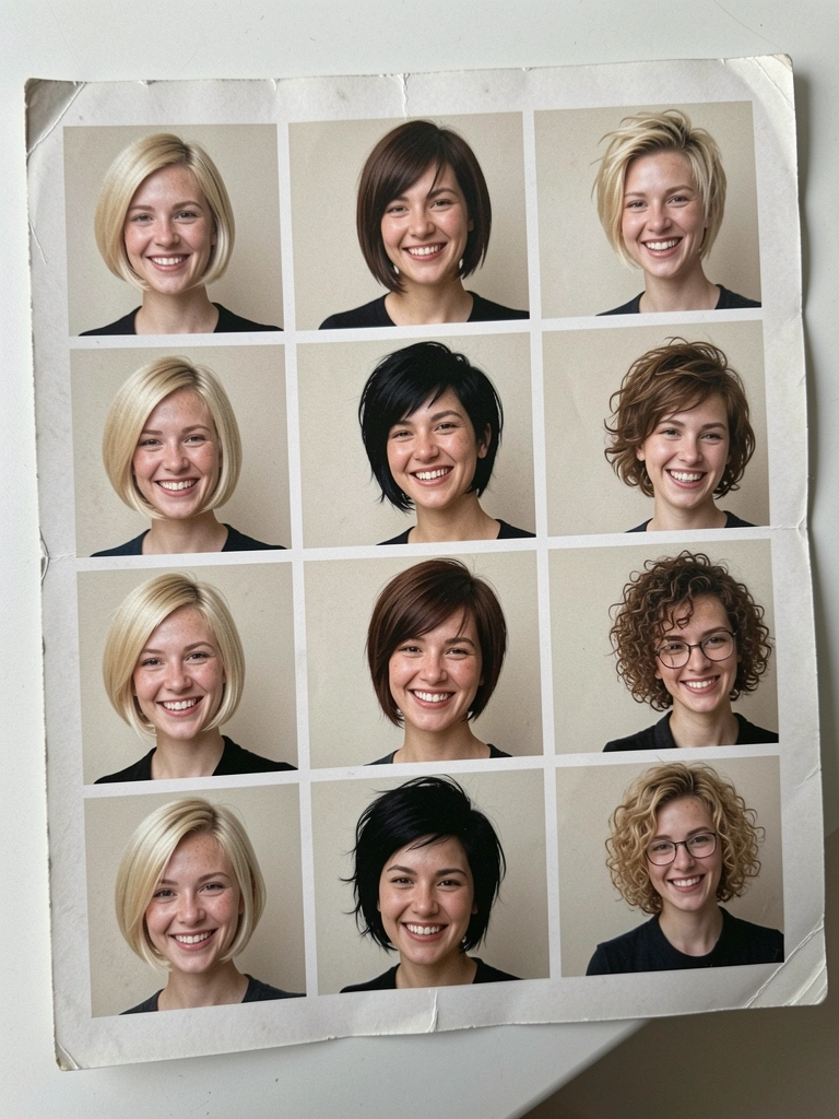 Colagem com quatro mulheres jovens exibindo cortes pixie e bob assimétrico em diferentes ângulos.