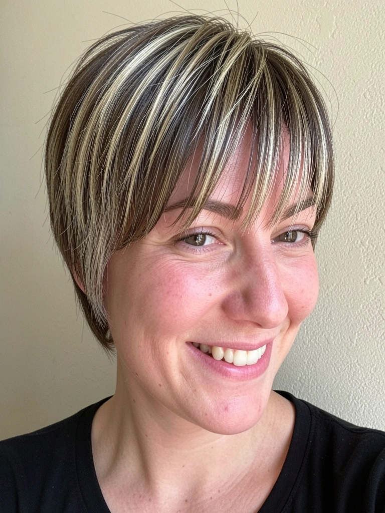Mulher com pixie cut texturizado e franja longa, olhando para o lado.