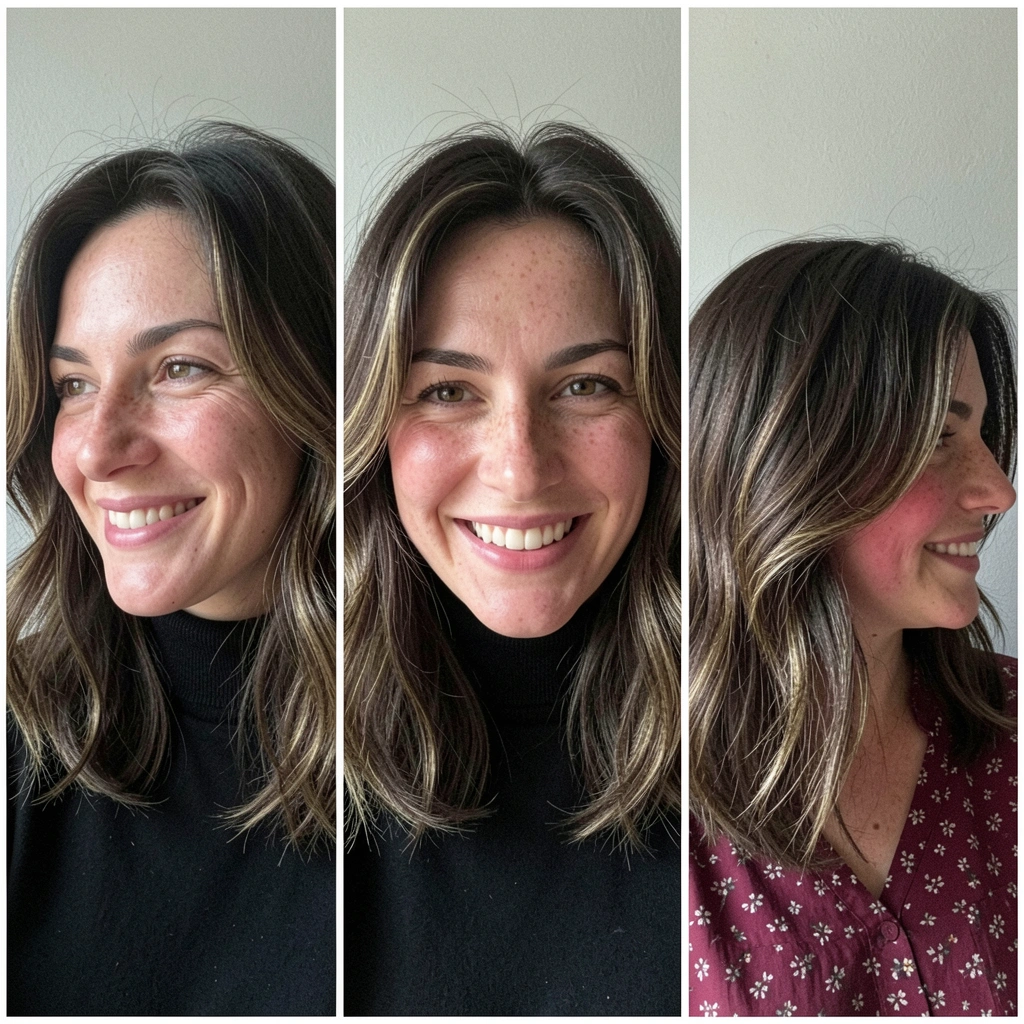 Três mulheres com variações de long bob e cabelo shaggy, em diferentes texturas e comprimentos.