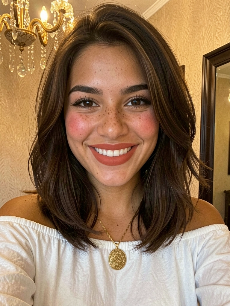 Long bob em camadas com ondas naturais, cabelo na altura dos ombros.