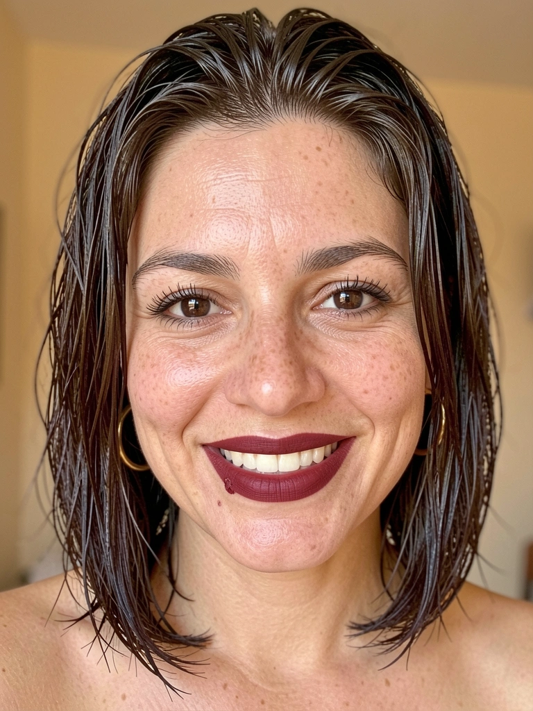 Mulher com clavicut reto e pontas levemente repicadas, cabelo na altura dos ombros.