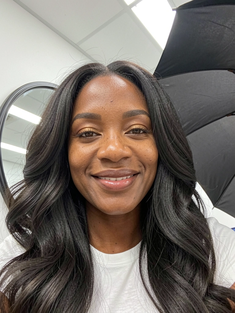Cabelo longo em camadas com ondas soltas caindo sobre os ombros.