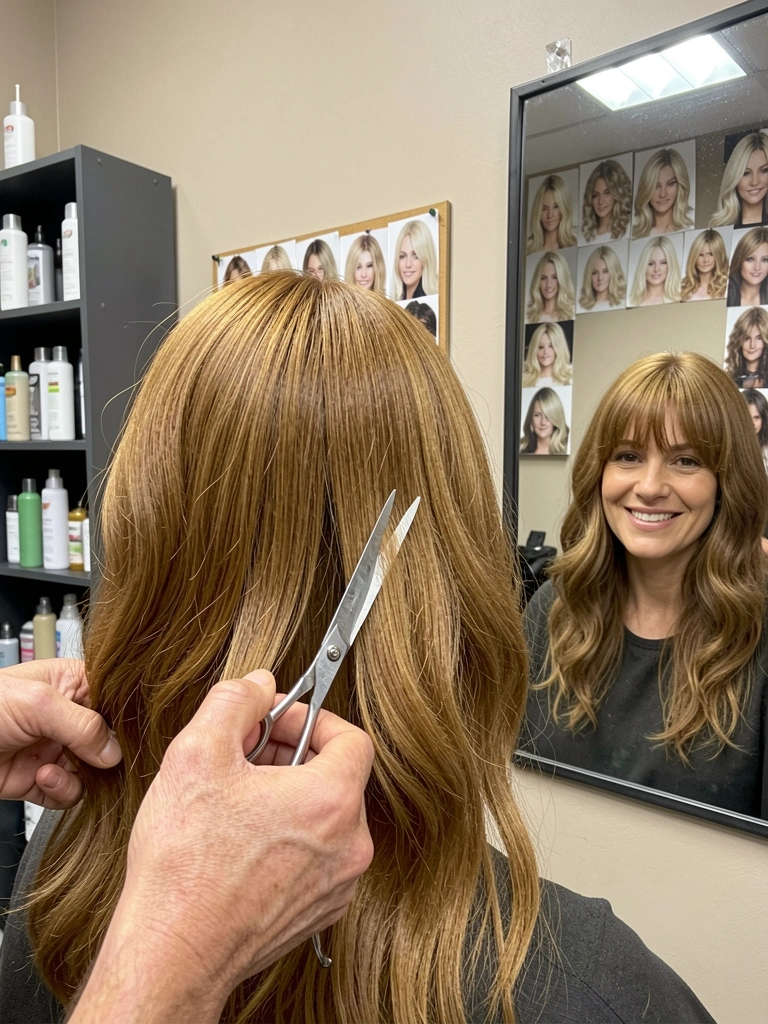 Mulher de cabelo médio com franja cortininha e ondas suaves, olhando para o lado.