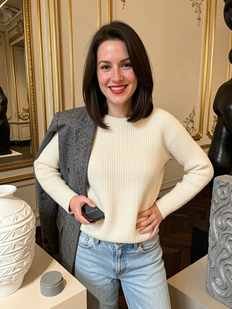 Long bob assimétrico em cabelo liso castanho claro, com pontas desfiadas e comprimento na altura dos ombros, modelo feminino de perfil.