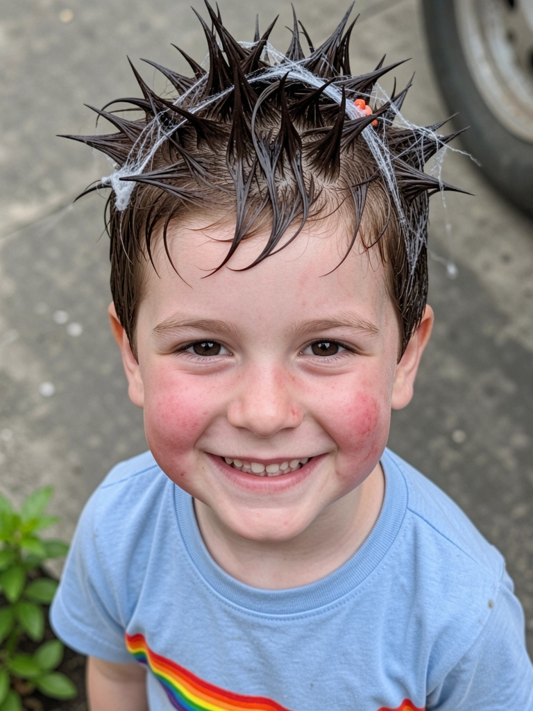Menino com cabelo estilizado em formato de teia de aranha, usando gel e um brinquedo de teia.