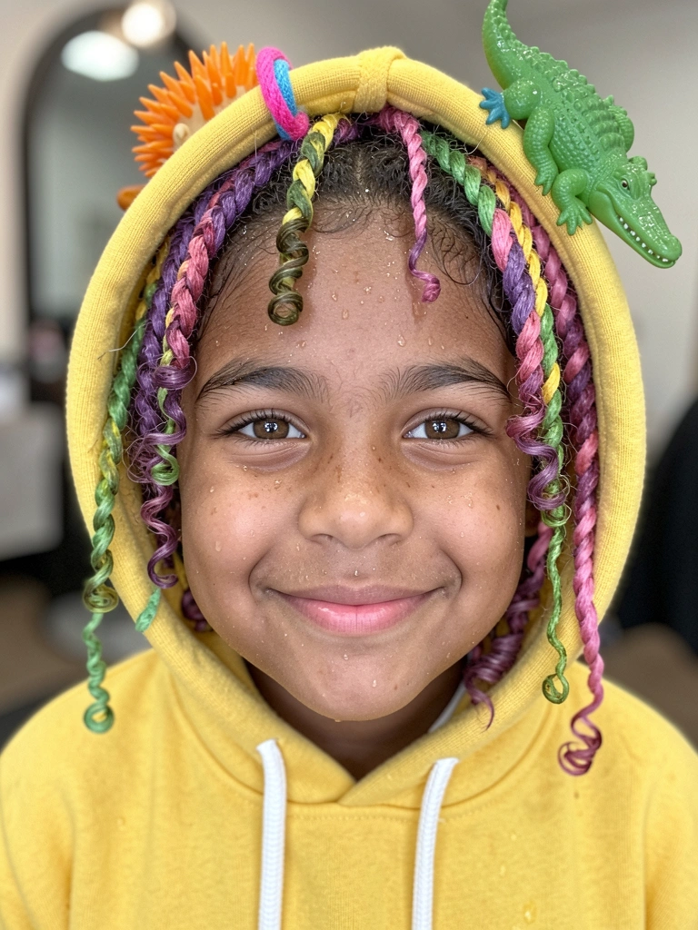 Menina com porco-espinho de borracha preso no cabelo e jacaré de plástico ao lado.