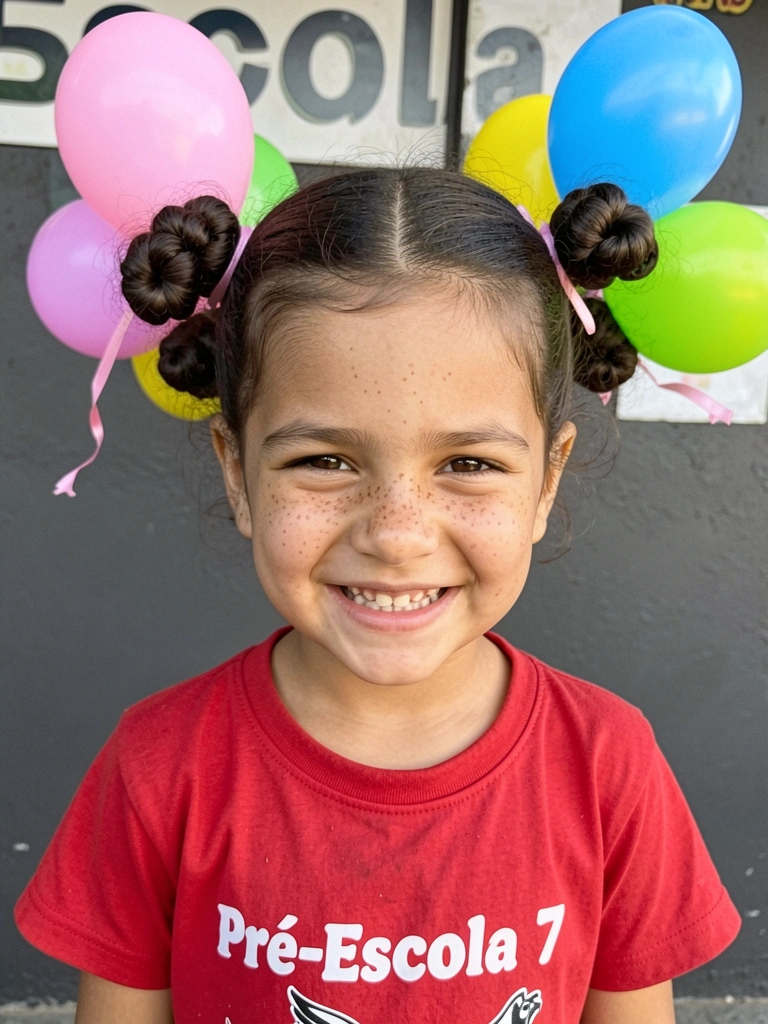 Criança com balões coloridos presos no cabelo, imitando personagem do filme Up.