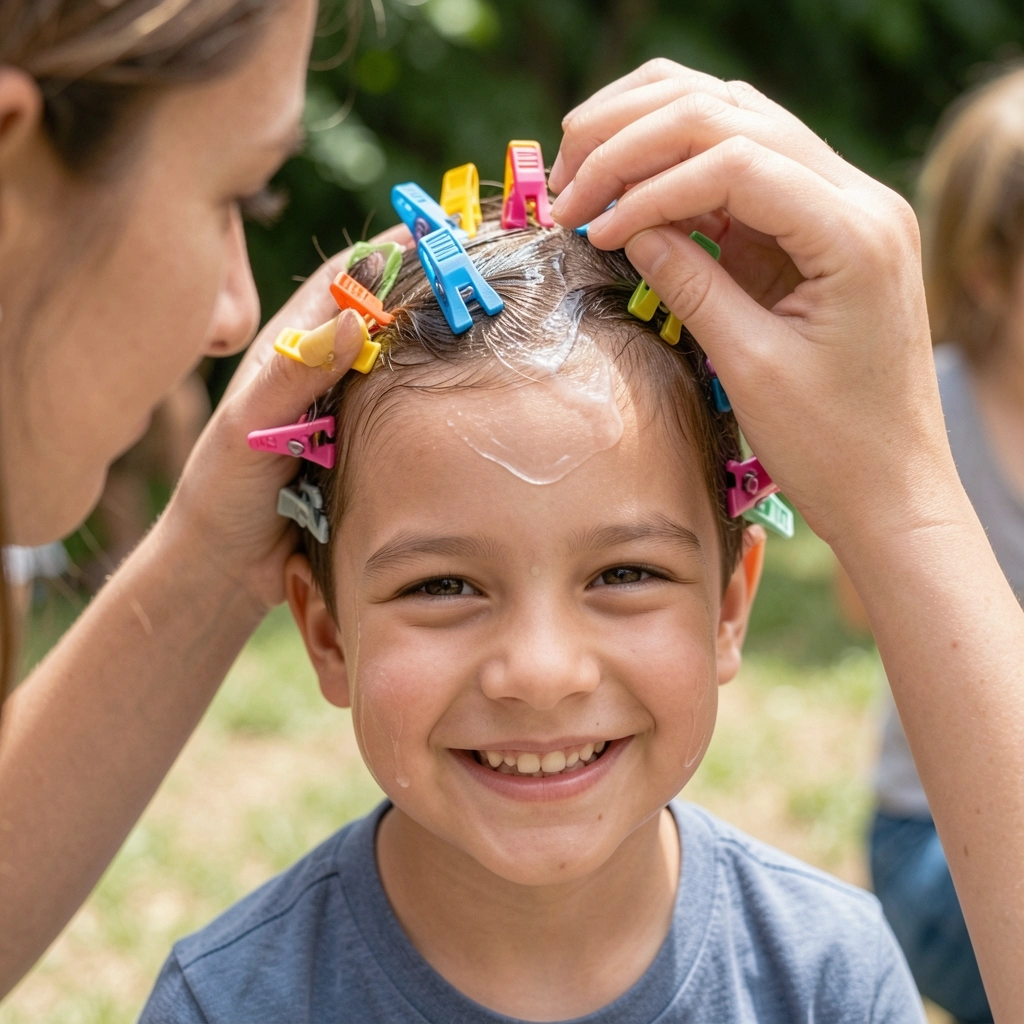 Mãe aplica gel no cabelo do filho, que tem grampos coloridos presos nos fios.