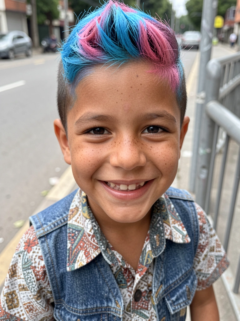 Menino com cabelo curto e topete colorido com tinta temporária em tons vibrantes.
