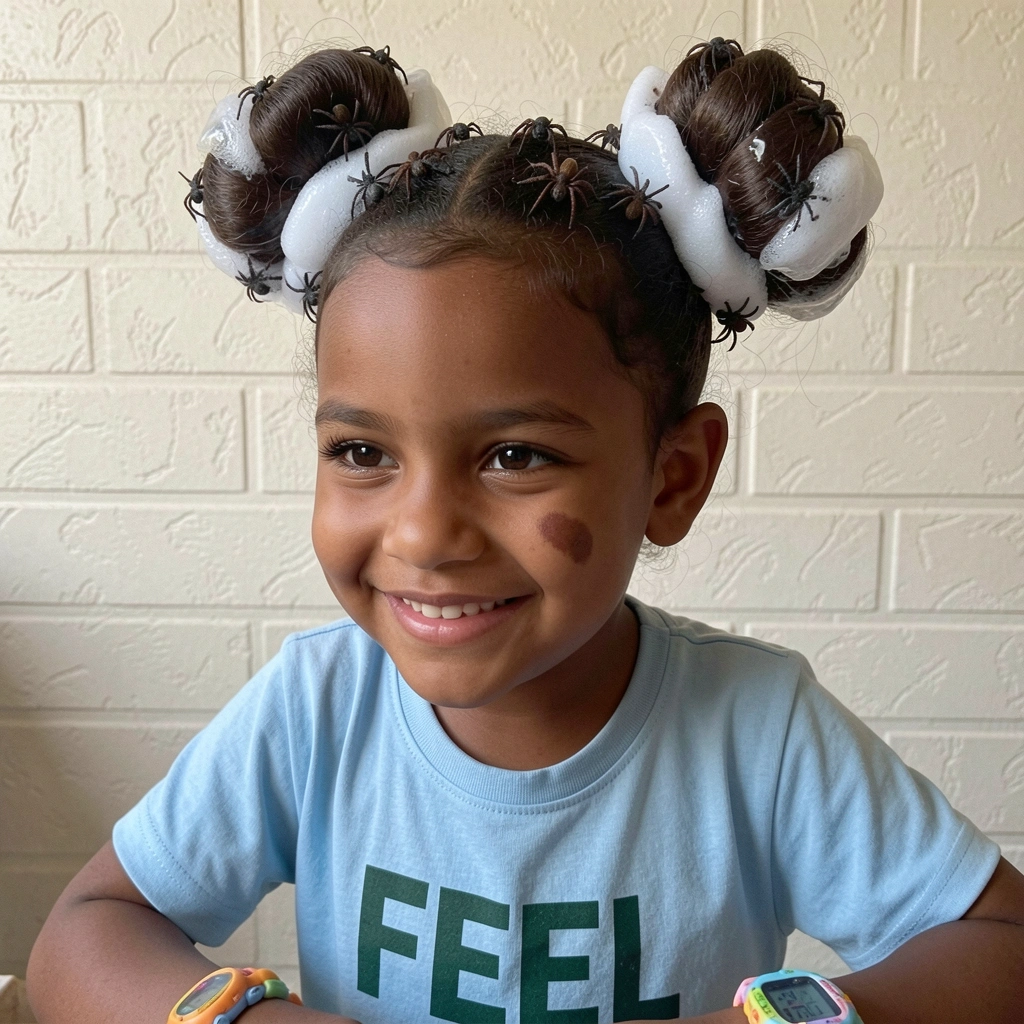 Relógio de pulso com aranhas de brinquedo presas no cabelo com gel, em fundo neutro.