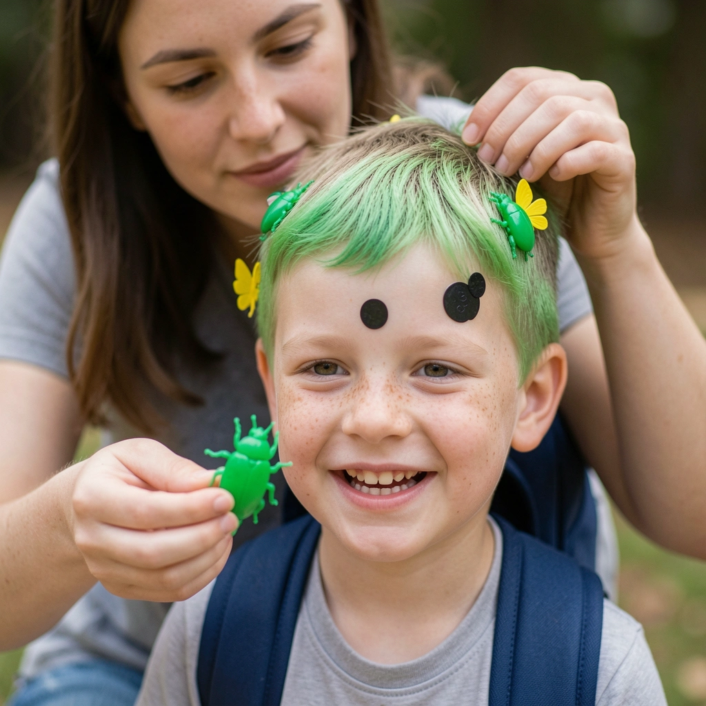 Mãe segura um brinquedo colorido enquanto penteia o cabelo do filho, que está sentado em uma cadeira.