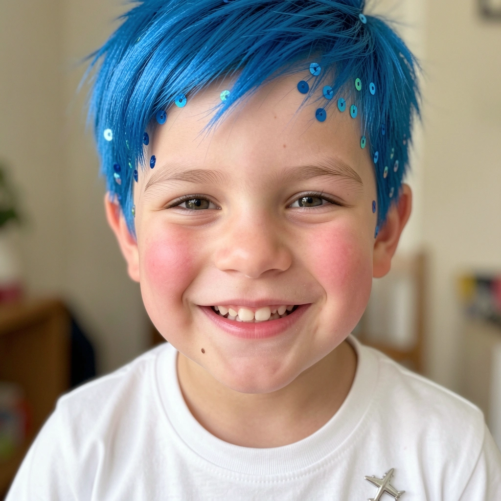 Criança com cabelo espetado e colorido, sorrindo para a câmera, muitos ícones de curtir e comentários sobrepostos.