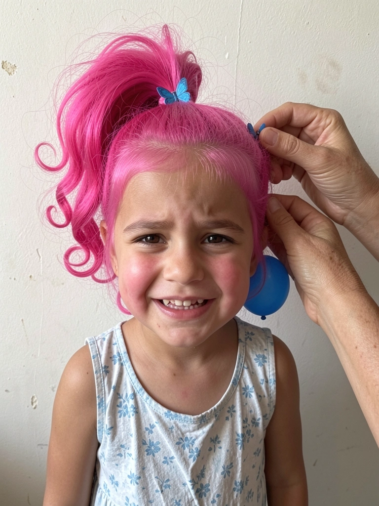 Mãos femininas retirando grampos coloridos e balões de um cabelo infantil cacheado.