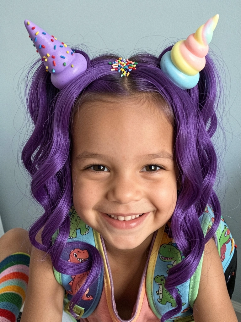 Criança sorrindo com meia listrada colorida e mochila de dinossauro nas costas.