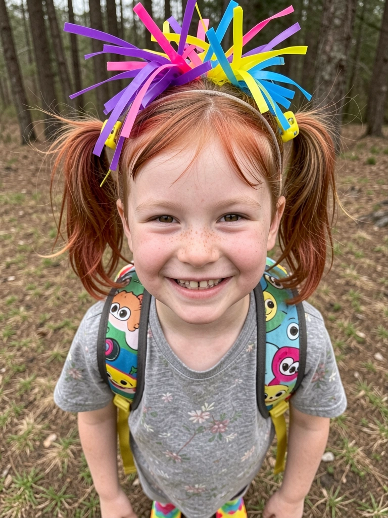 Menino com cabelo pintado de cores vibrantes, meias listradas e mochila de super-herói.