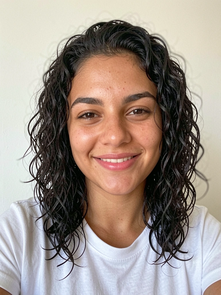 Mulher com cabelo cacheado médio, camadas desconectadas e volume no topo, estilo despojado.