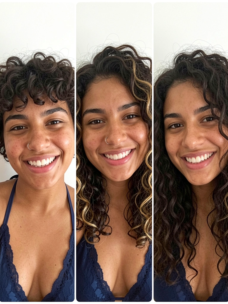 Colagem com três variações de corte shaggy em cabelos cacheados: curto, médio e longo, com camadas desconectadas e franja.