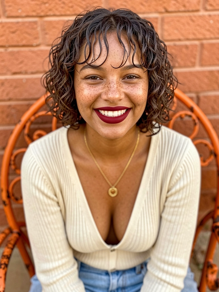 Mulher com cabelo cacheado curto, corte na altura do queixo e franja em véu.
