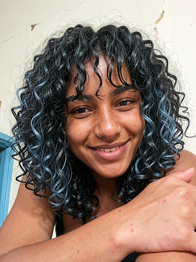 Modelo com cabelo cacheado na altura dos ombros, camadas desconectadas e franja.