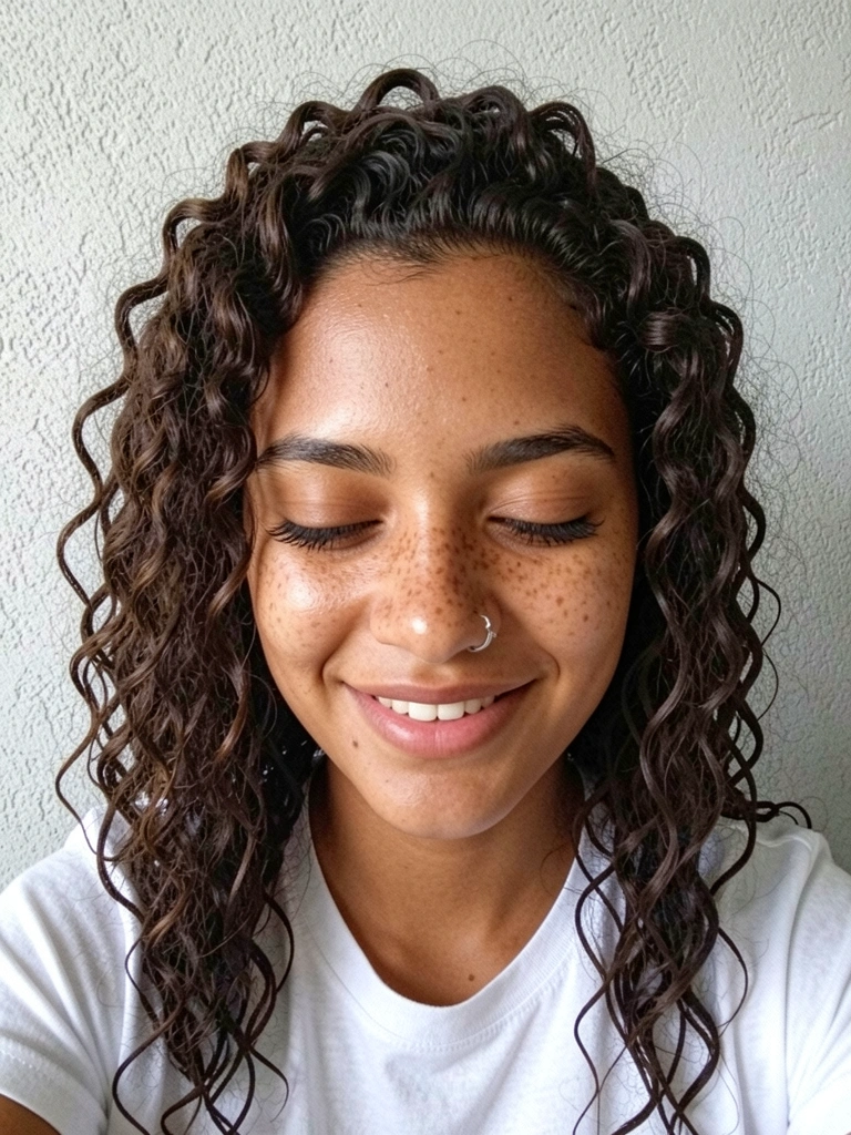 Cabelo cacheado comprido com volume concentrado no topo e pontas mais ralas.