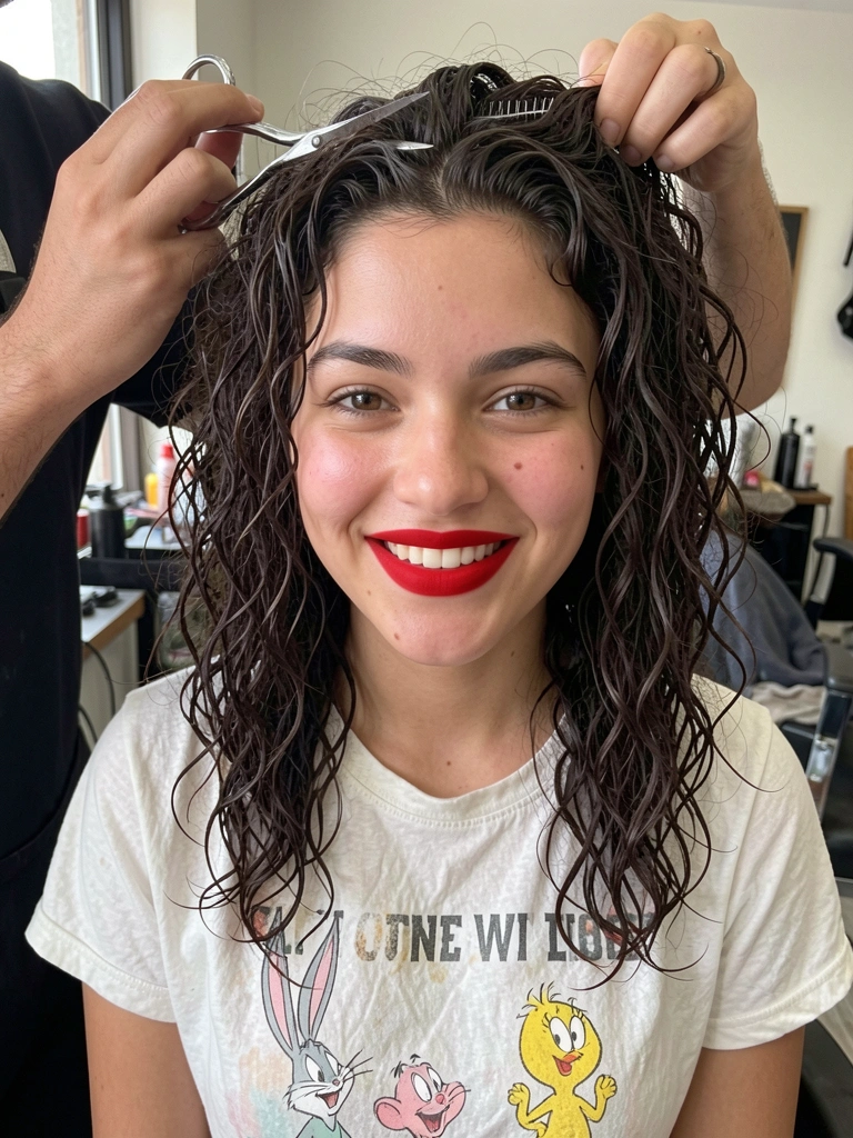 Cabeleireiro cortando cabelo cacheado a seco com tesoura em punho.