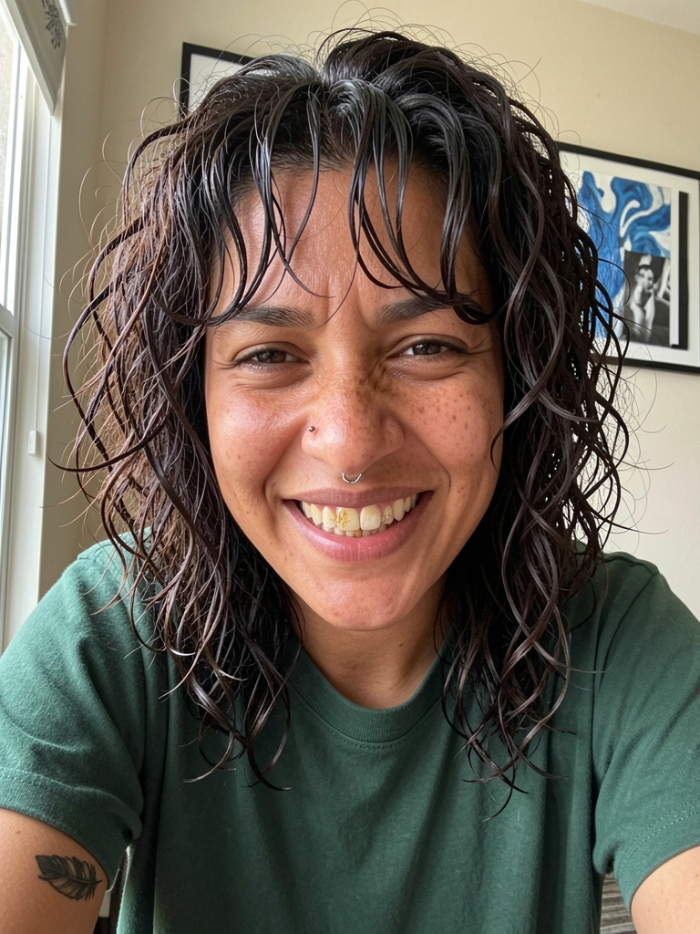 Cabelo cacheado com camadas desconectadas, pontas desfiadas, volume no topo e franja em véu.