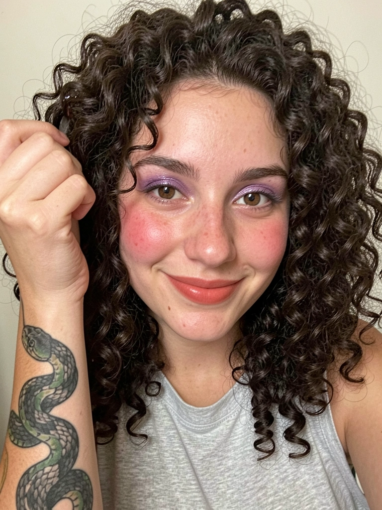 Mão modelando cacho crespo com gel, camadas definidas e brilho natural.