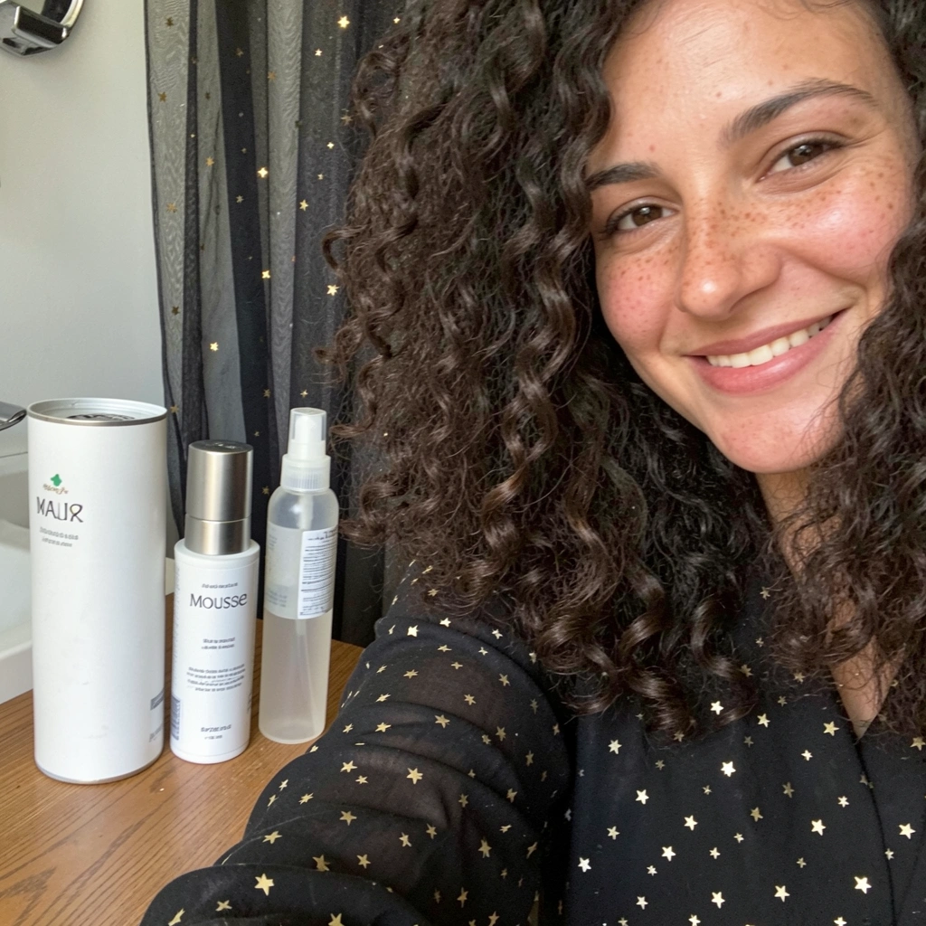 Frascos de mousse e spray texturizador ao lado de cabelo cacheado volumoso.