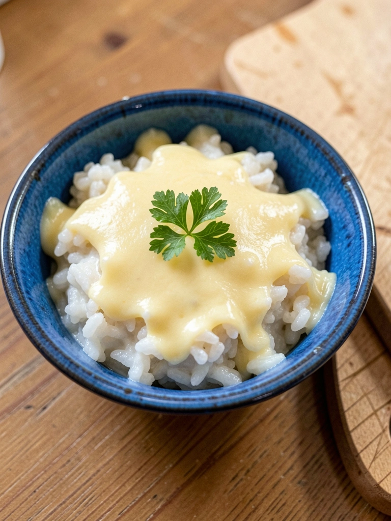 Taça de arroz cremoso com queijo derretido e salsinha.
