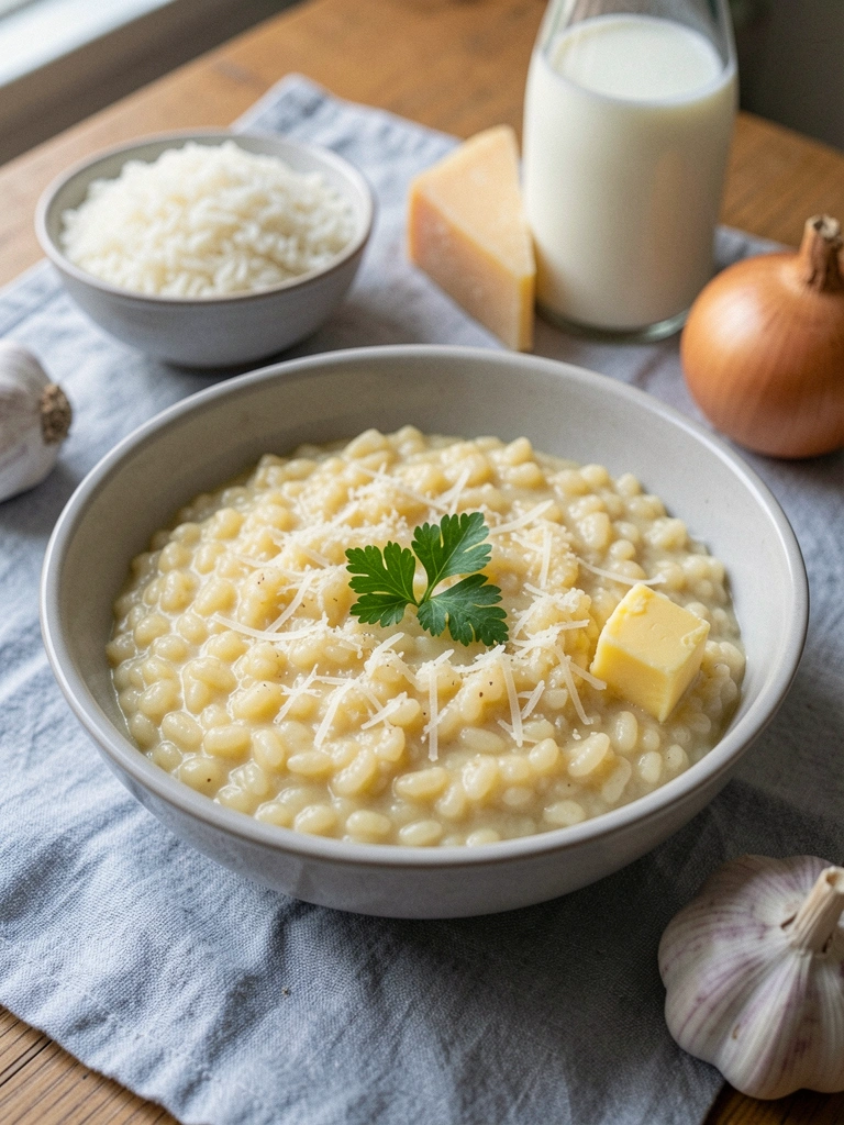 Ingredientes sobre a mesa: arroz, leite, queijo, cebola e alho.