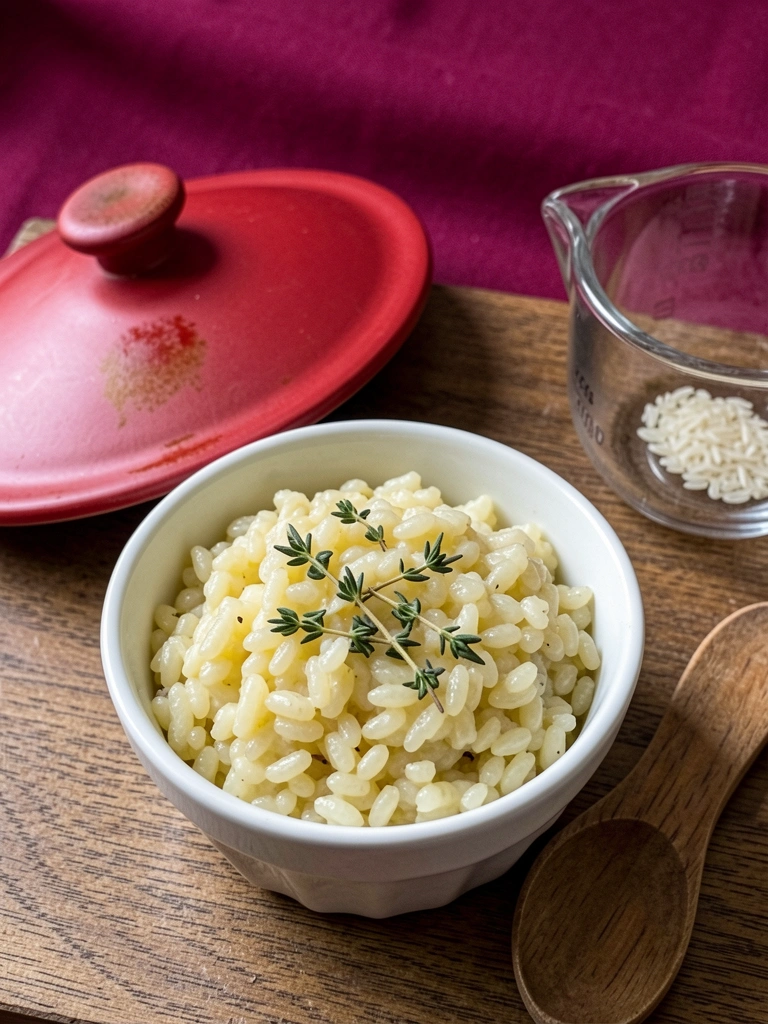 Colheres e xícaras com medidas de arroz e líquidos sobre uma superfície de madeira.