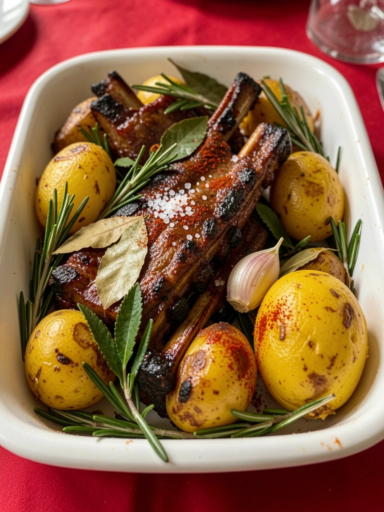 Pedaços de costelinha de porco temperados com alho, louro, colorau e sal sobre uma tábua de madeira.