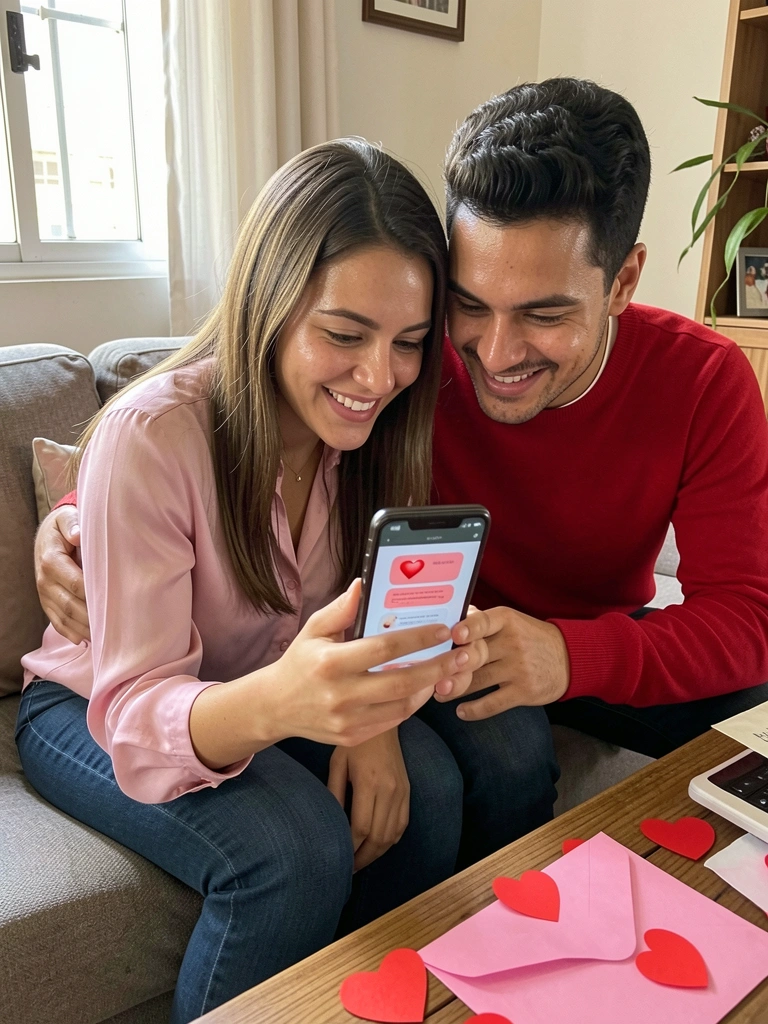 Casal sorrindo enquanto troca mensagens no celular, com corações flutuando ao redor.