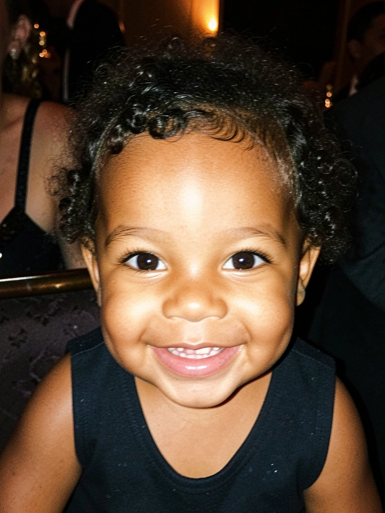 Bebê Blue Ivy Carter sorrindo, com expressão alegre e olhos brilhantes.