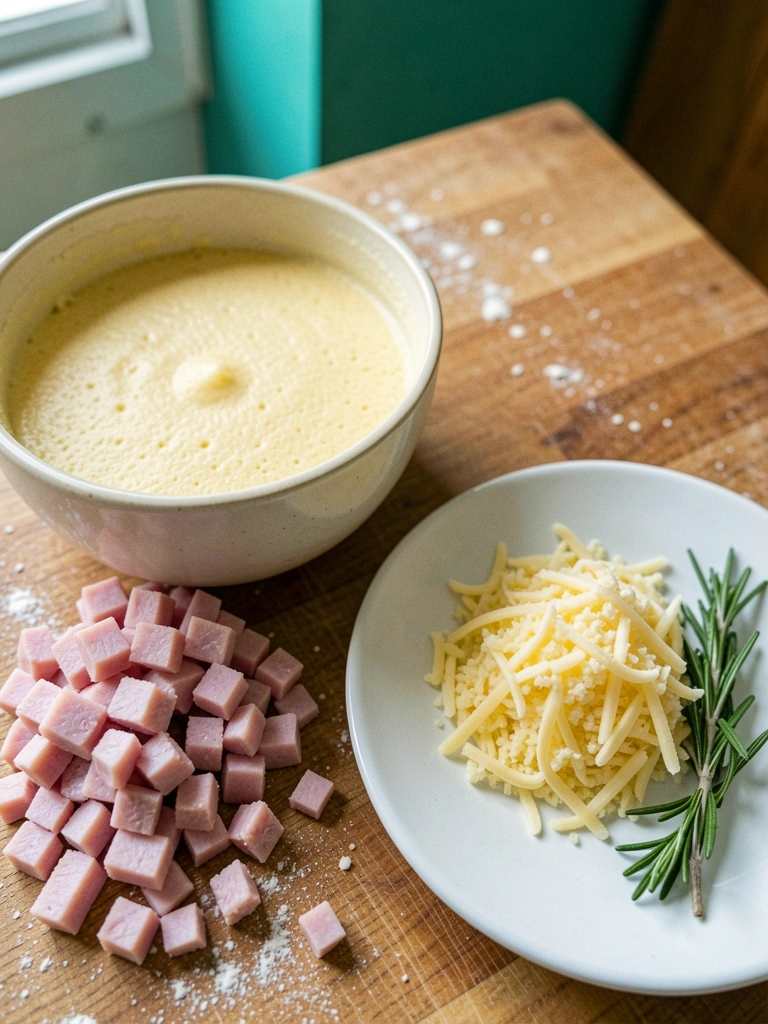 Ingredientes para massa e recheio de rocambole salgado sobre bancada de cozinha.