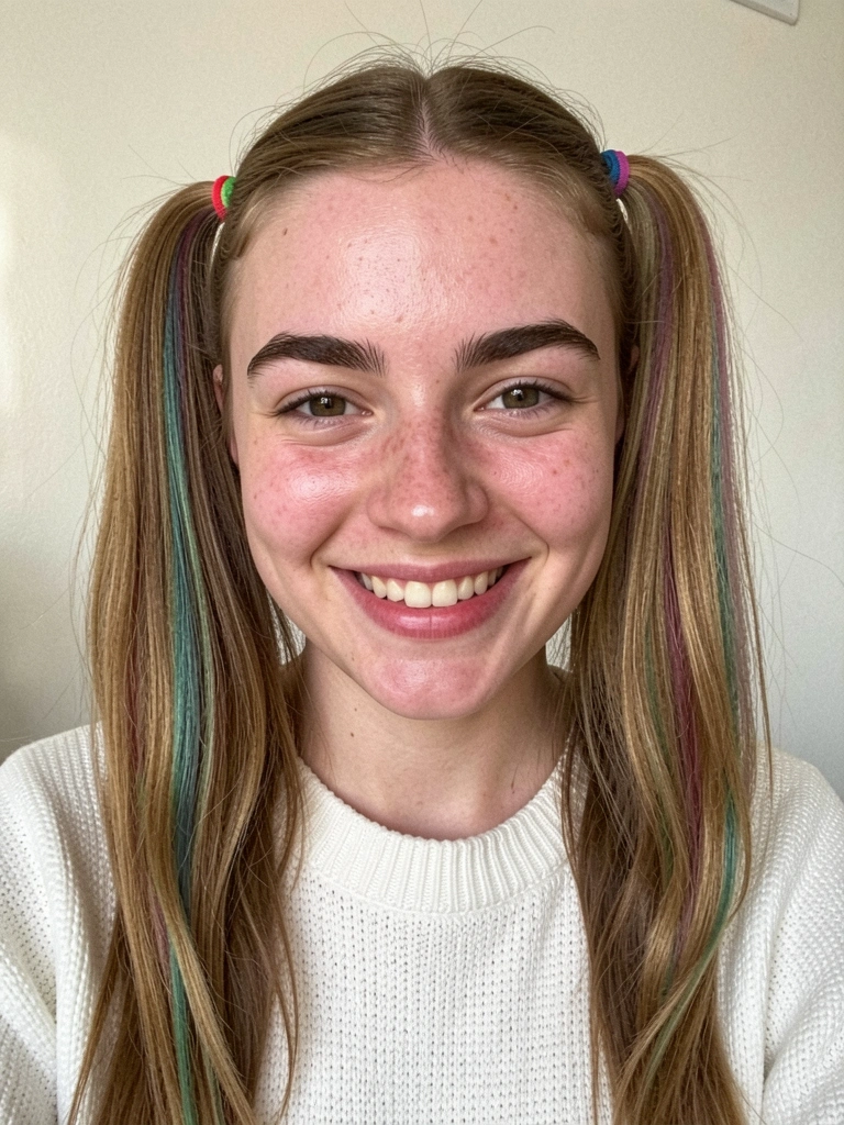 Menina com xuxinhas coloridas no cabelo sorrindo para a câmera.