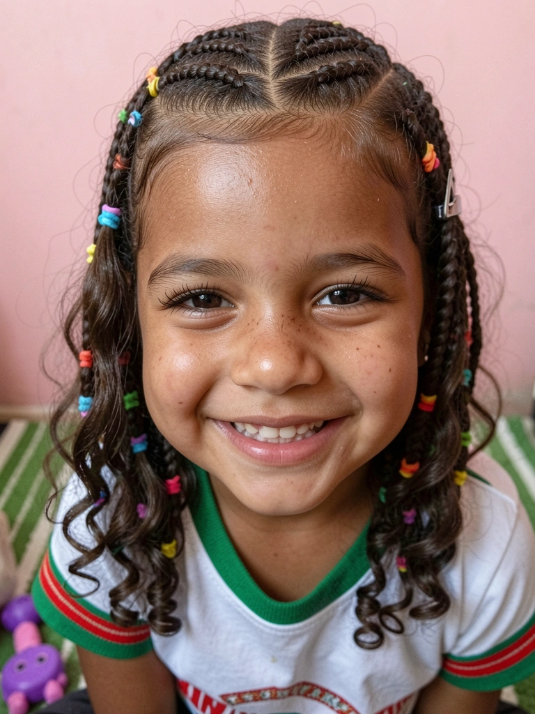 Mãos femininas prendendo cabelo infantil com xuxinhas coloridas.