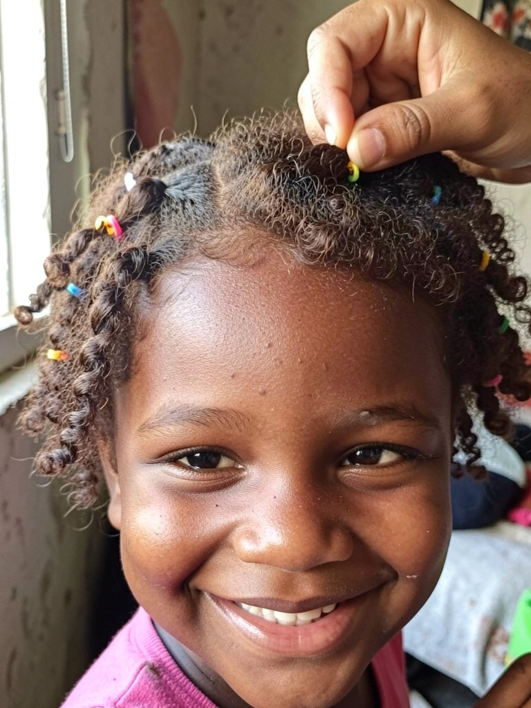 Mão adulta trançando cabelo de criança com elásticos coloridos.