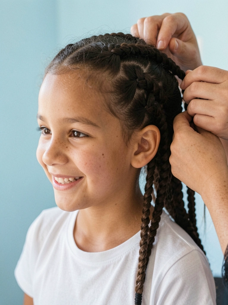 Criança sentada calmamente enquanto uma mãe penteia seu cabelo.