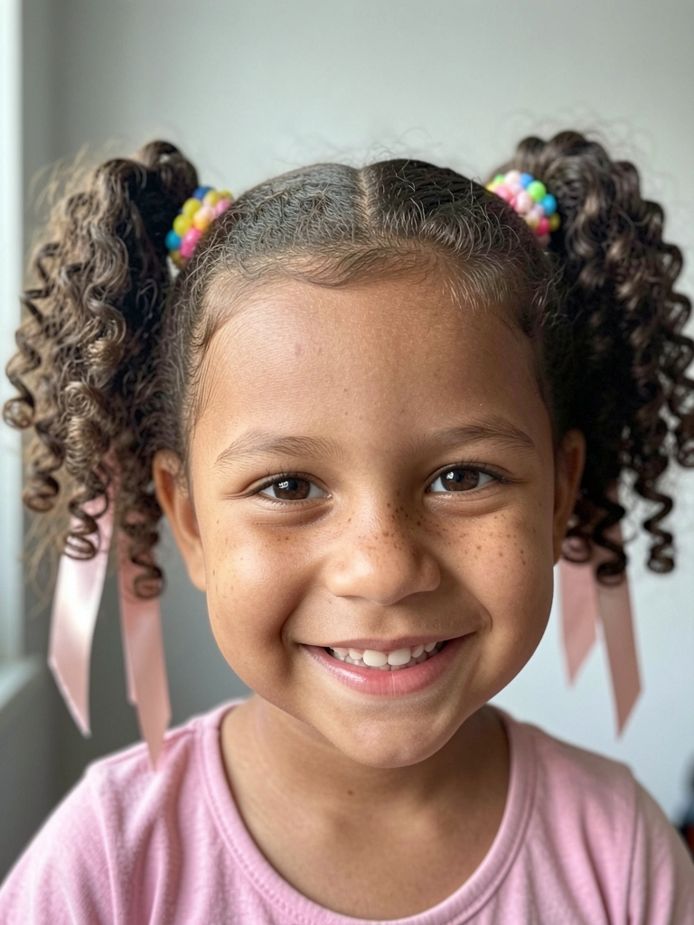 Mãos puxando mechas de cabelo para formar uma maria-chiquinha com bolhas de xuxinhas.