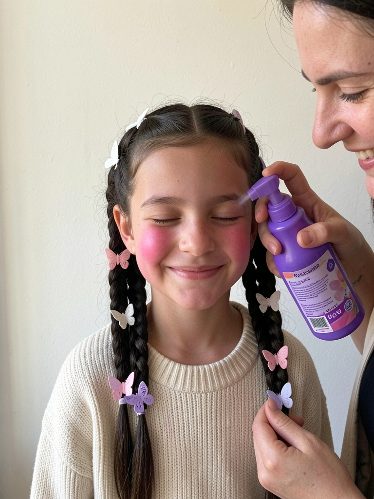 Mãe aplica spray fixador no cabelo de uma criança sentada à sua frente.