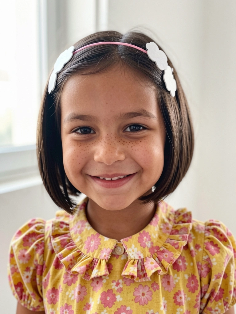 Criança com cabelo curto decorado com presilhas coloridas e tiara fina.