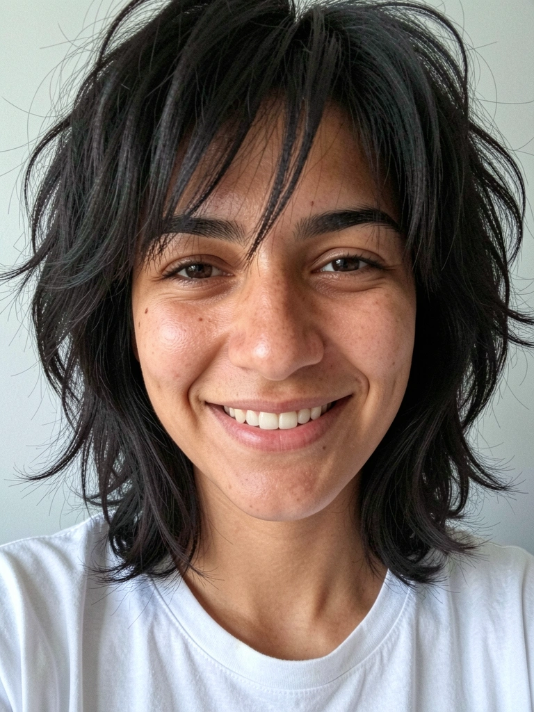 Mulher com cabelo shaggy volumoso em camadas, estilo despojado.