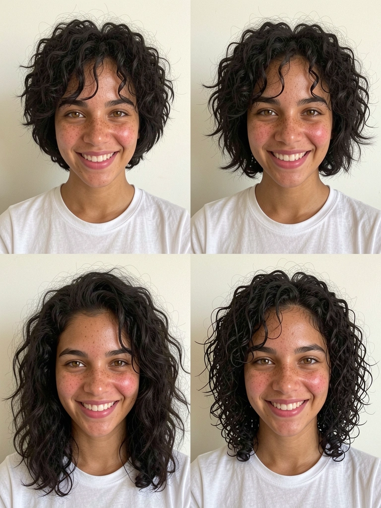 Colagem com quatro variações de cabelo shaggy: curto, médio, longo e cacheado.