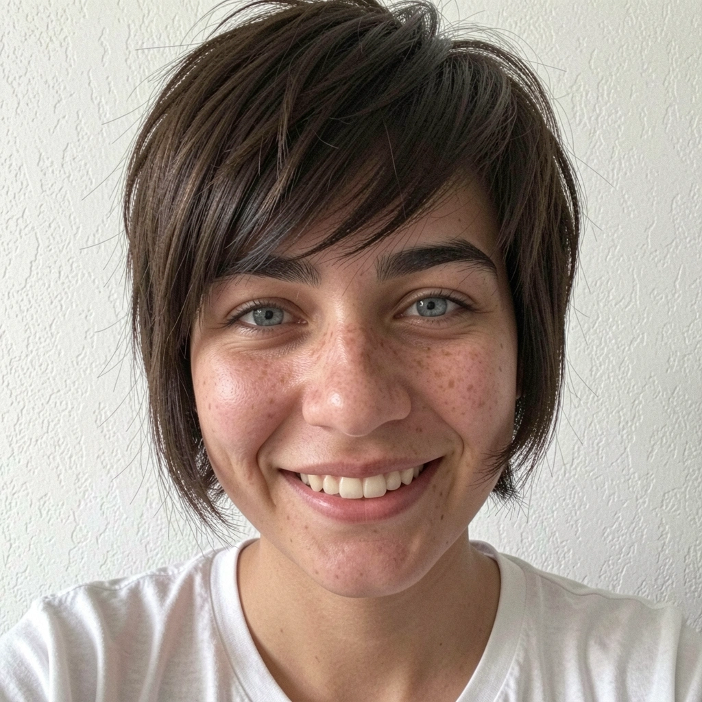 Pixie shag com franja desconectada em cabelo fino e texturizado.